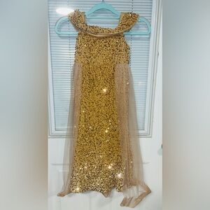 Gold Sequin Girls' Formal Dress with Sheer Cape